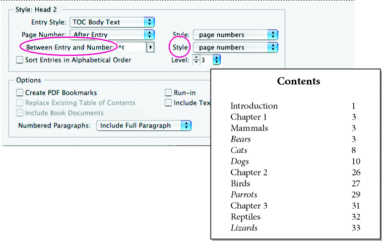 Create table of contents adobe